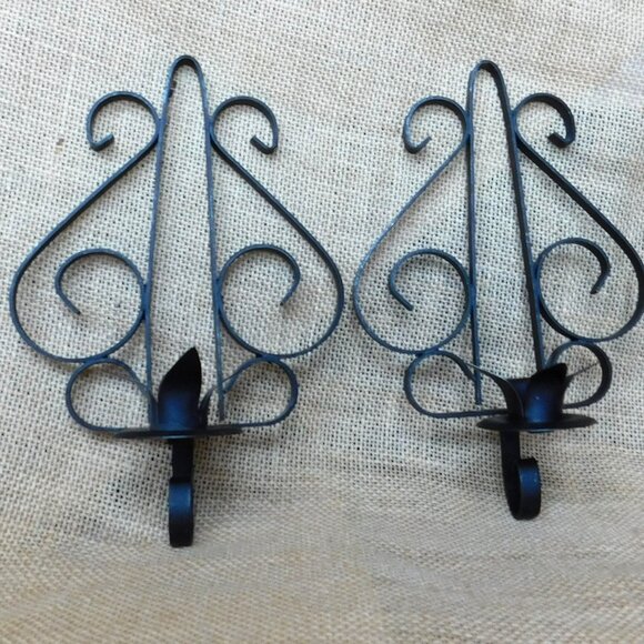 VTG MCM  Black Wrought Iron Metal Wall Candlestick Sconces 9" Pair Candle Holder - Picture 1 of 8
